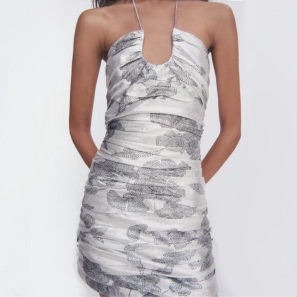 Zara Silver Floral Jacquard Halter Ruched Mini Dress